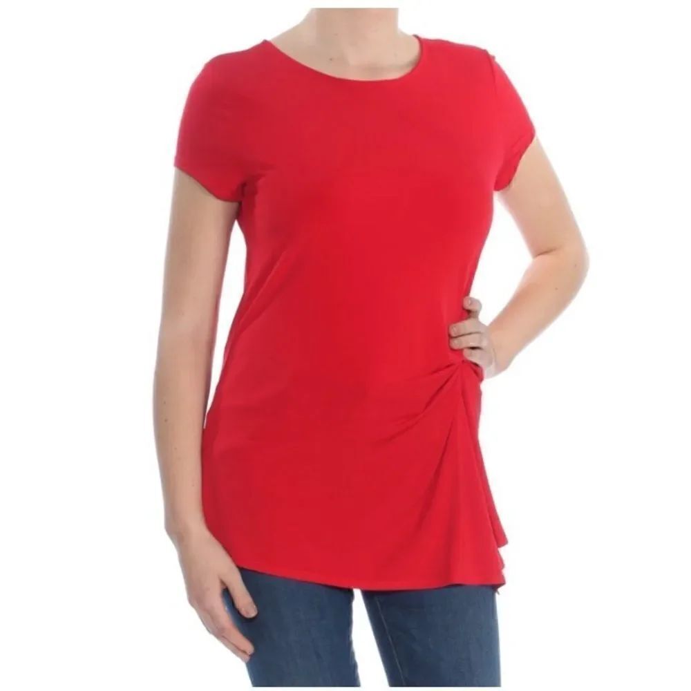 INC International Concepts Red Side Gathered Short Sleeved Top Size Medium NWT